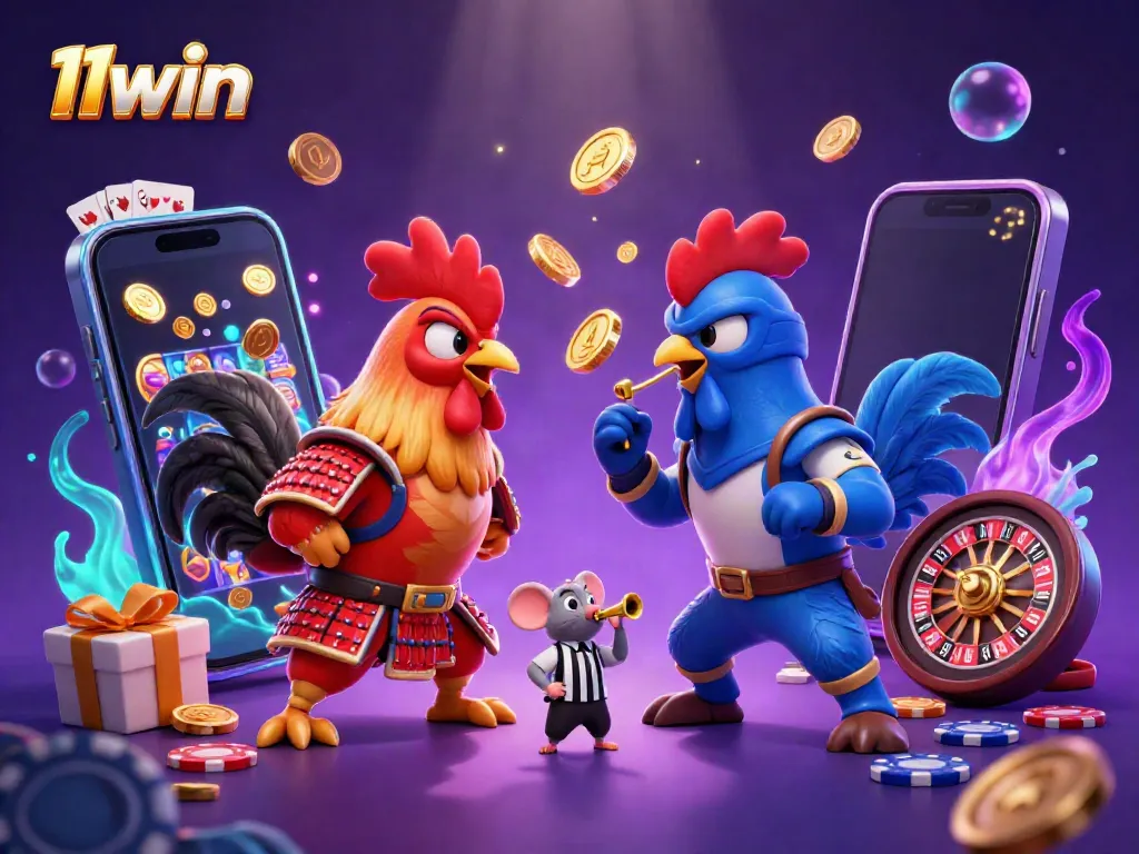 Experience thrilling gameplay at 11win with this dynamic 3D illustration of roosters, slot games, and casino elements.