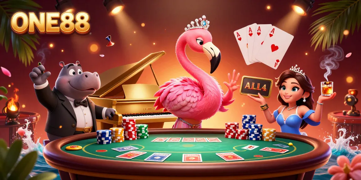 Experience the vibrant excitement of ONE88 with a flamingo singer and hippo bassist in a lively casino scene.