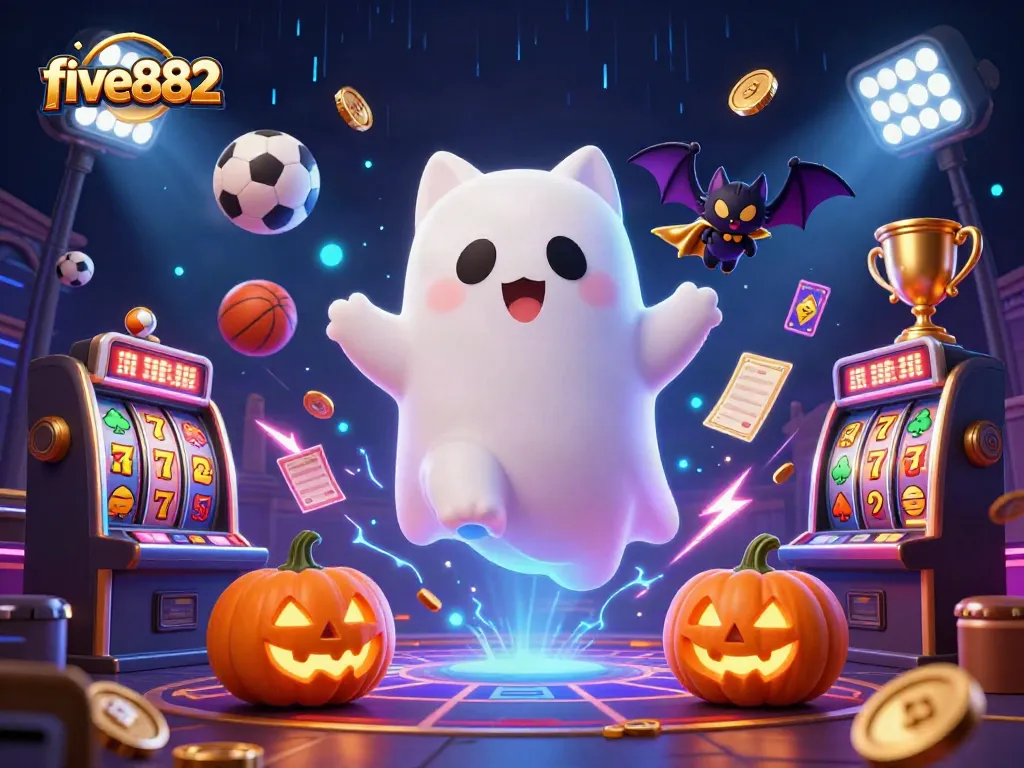 Experience the thrilling atmosphere of five882 with a ghost cat and vampire bat in a haunted casino.