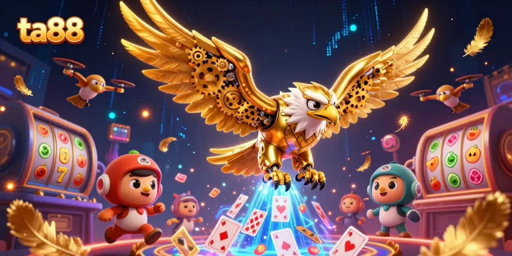 Engaging ta88 casino scene with a cybernetic eagle amidst vibrant slot reels and cards.