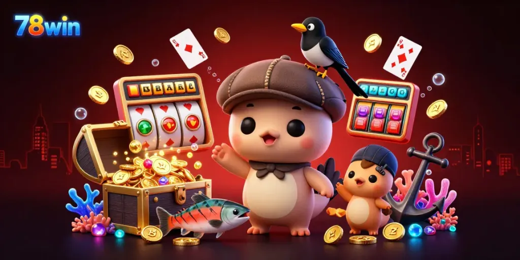 Experience thrilling gambling action with 78win, featuring playful characters and exciting casino elements in a vibrant underwater scene.