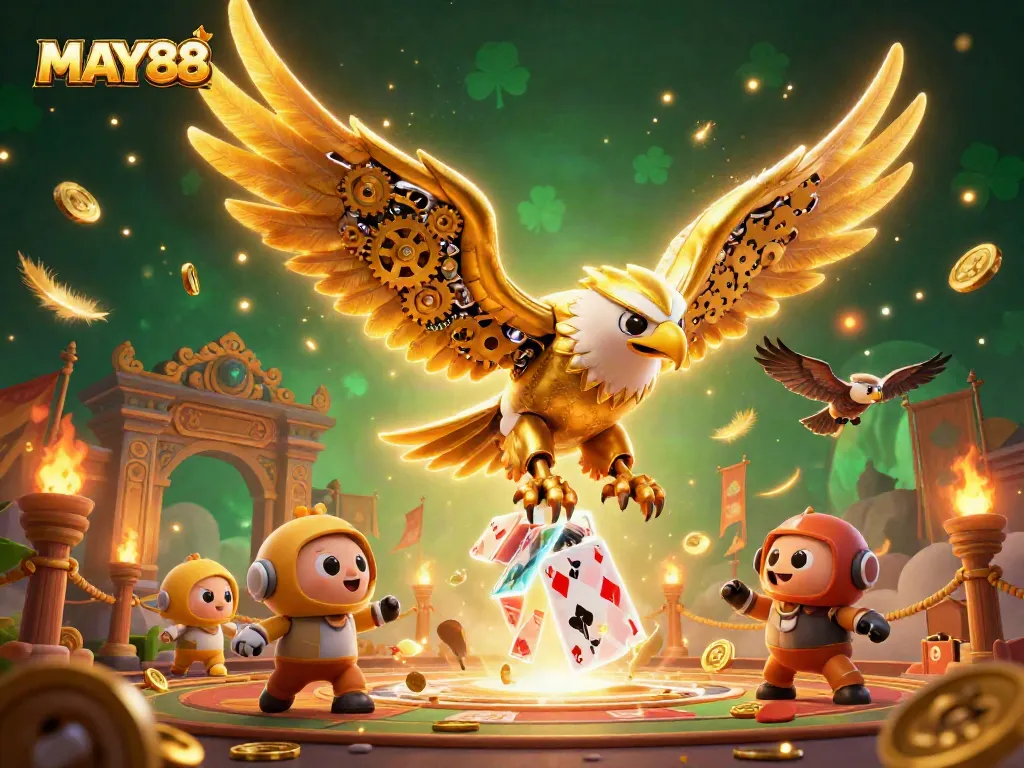 Experience thrilling gameplay with MAY88's vibrant 3D casino themed illustration featuring a cybernetic eagle.