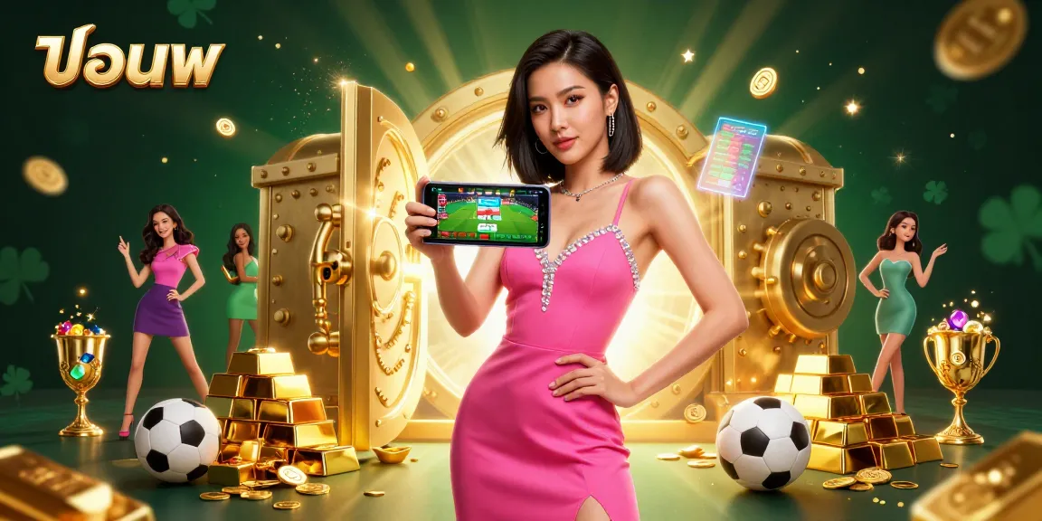 Bet on แทงบอล with a confident Asian woman showcasing a live betting app in an elaborate casino scene.