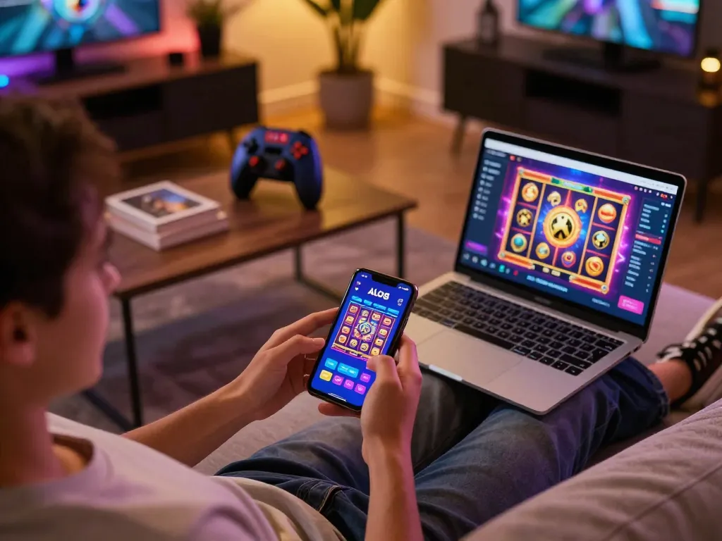 Enthusiast engaging with ALO8 casino app on smartphone, showcasing immersive online gaming.