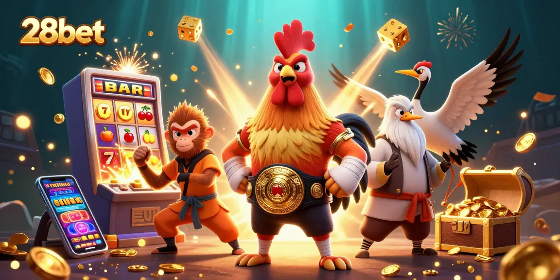 Win big with 28bet's vibrant casino scene featuring characters and lively games.