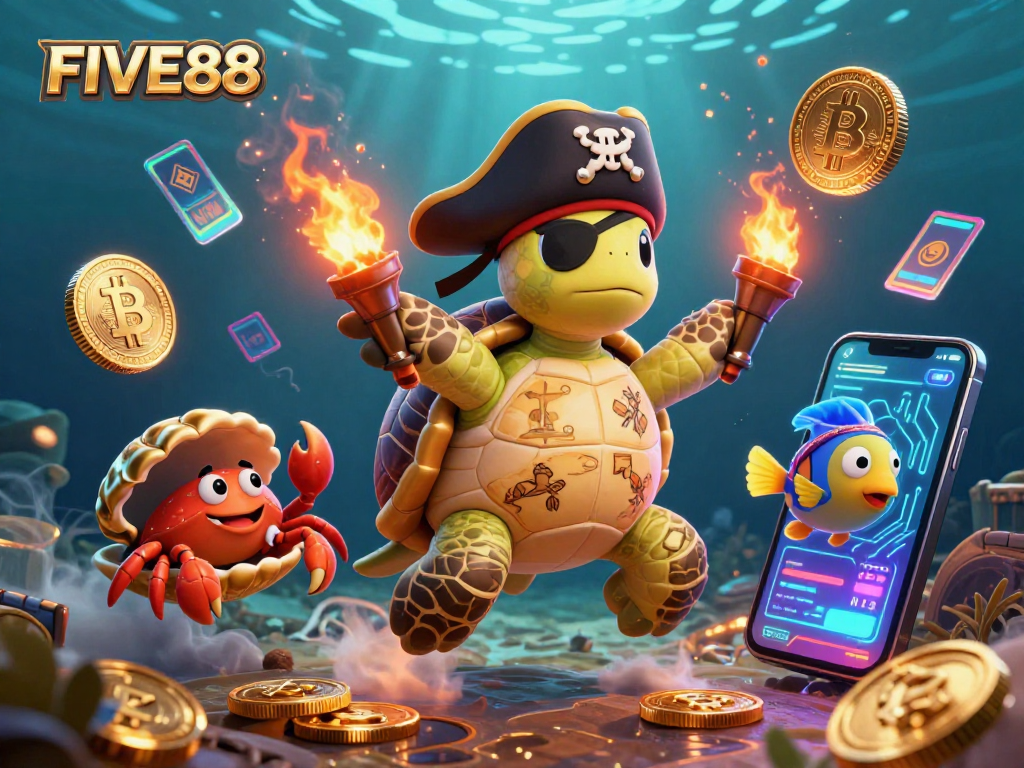Experience FIVE88's vibrant gaming adventure with a cartoon pirate turtle, rich treasure, and crypto elements.