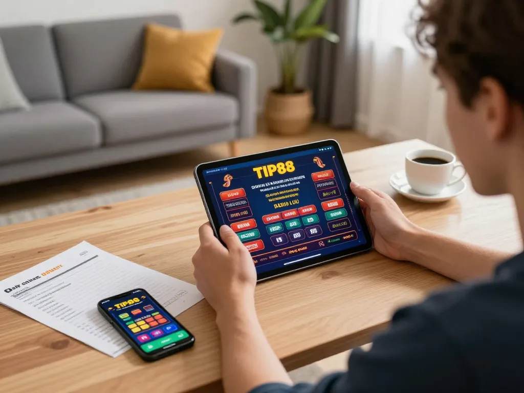 Engaged player betting on TIP88, showcasing strategy notes in a cozy home setting.