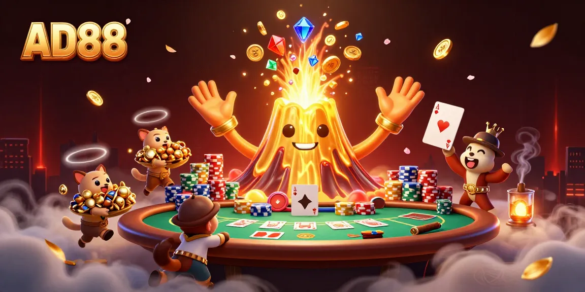Experience the excitement of AD88 with a vibrant 3D casino scene featuring poker elements and treasure-hunting animal characters.