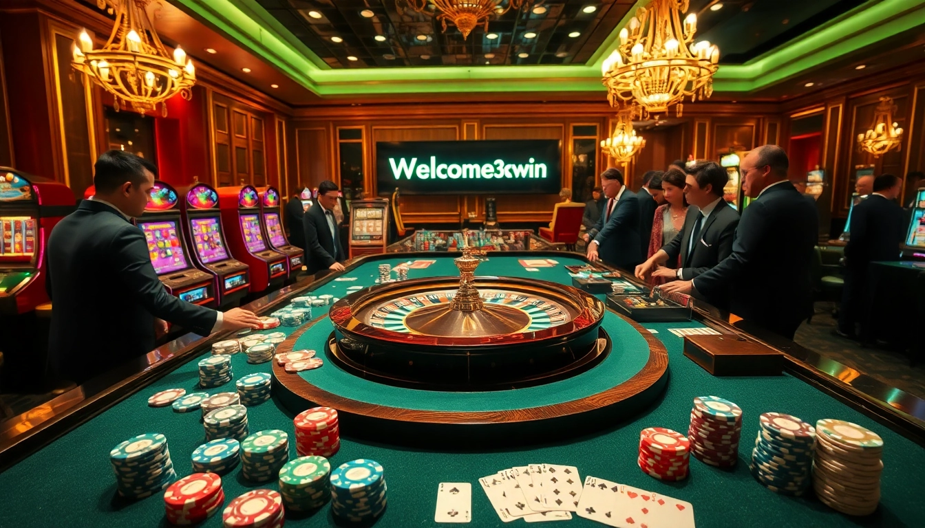 Engaging gamblers at the roulette table in a vibrant casino scene featuring 3win com.