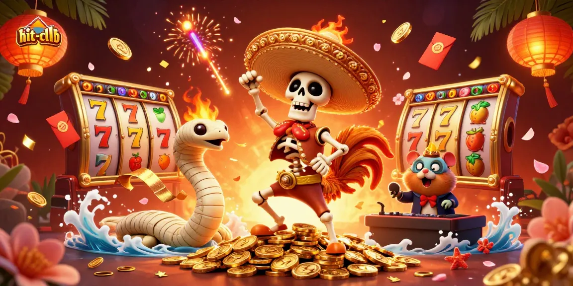 Hit-club showcases a lively 3D casino scene with a dancing rooster and vibrant slot reels.