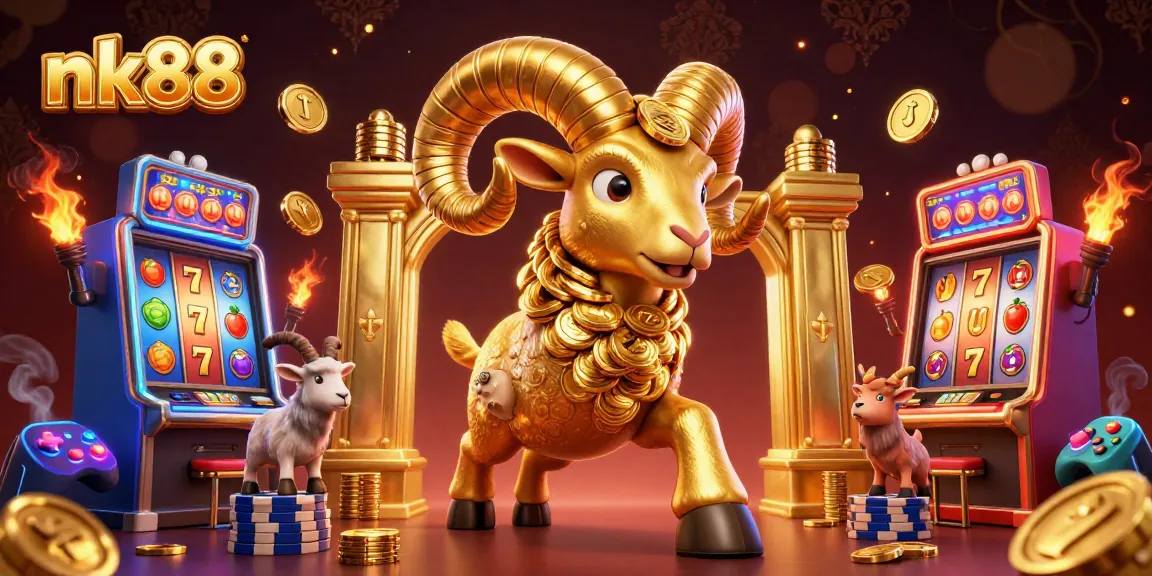 Experience the thrill of nk88 with a golden ram in a vibrant casino scene featuring slot machines and jackpot reels.