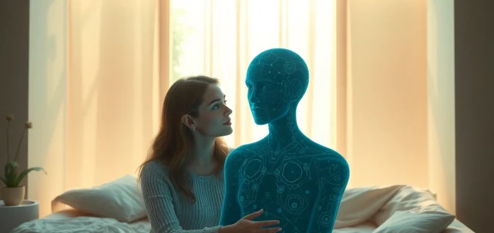 Emotional connection with a girlfriend AI in a futuristic environment.