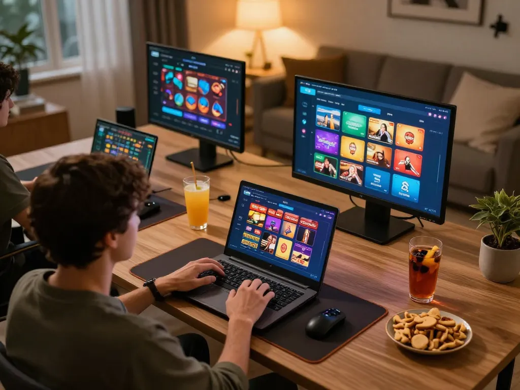 Engaging online gaming experience at https://xx88gg.net/ showcasing a player enjoying casino apps at home with snacks and drinks