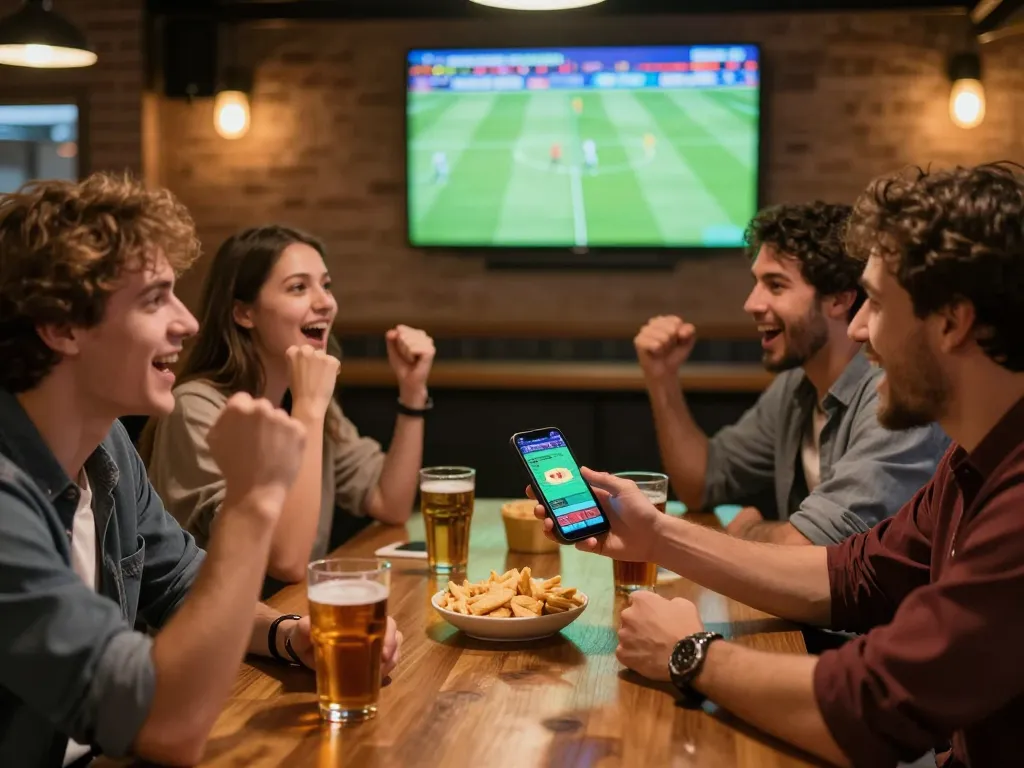 Cà khịa TV sports betting scene with friends cheering and using a mobile app for live betting.