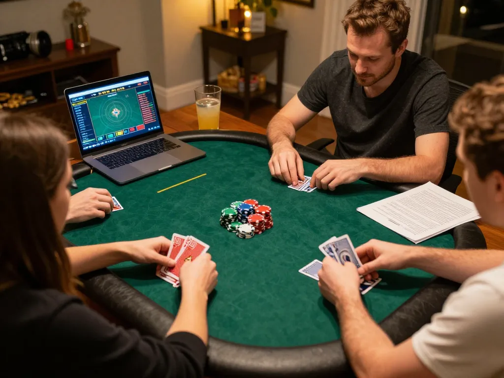 Online poker players at home using the Nhà cái KK55 platform to enjoy engaging gameplay.
