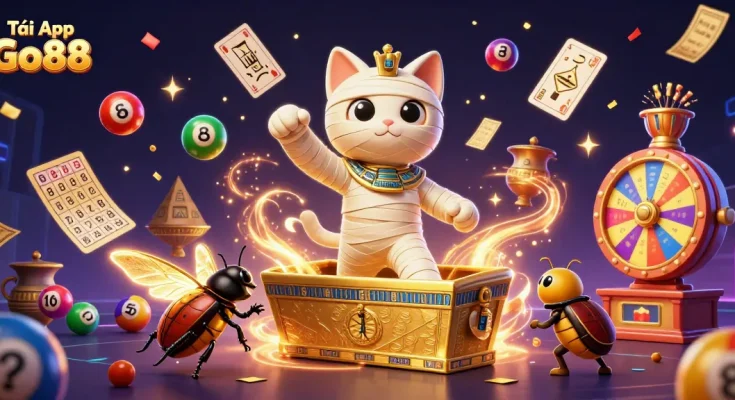 Tải App Go88 to experience thrilling casino action with our vibrant mummy cat and golden scarab representation.