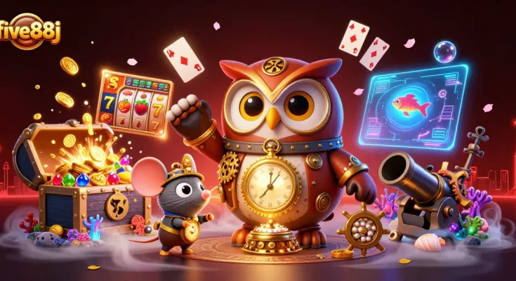 Engage in thrilling gameplay at five88j with vibrant slot reels and steampunk elements.