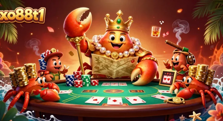 Engage in thrilling games like poker on xo88t1, highlighted by a stunning crab emperor illustration.