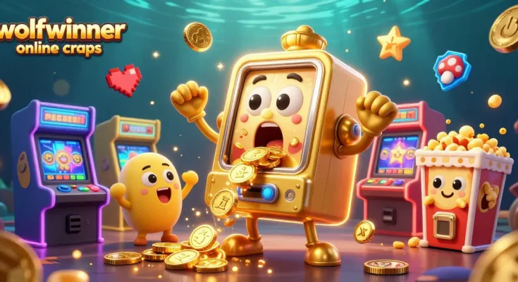 Experience the excitement of wolfwinner online craps with a vibrant 3D illustration featuring jackpot-winning slot machines and casino elements.