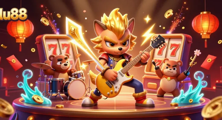 lu88 showcases a vibrant casino scene with a rock star wolf and a drummer bear amidst slot machines and festive elements