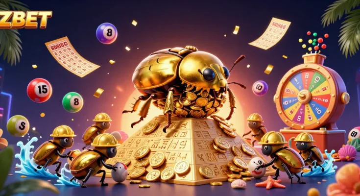 ZBET showcases an epic scene of golden beetles celebrating online gaming excitement with vibrant lottery elements.