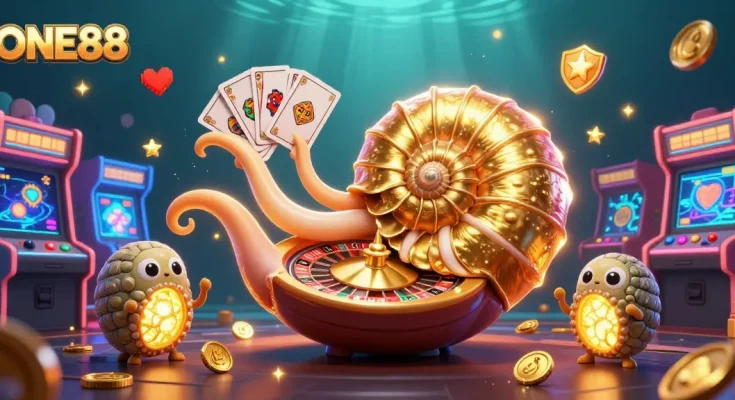 Play games at ONE88 with a vibrant casino scene featuring an ancient giant nautilus and glowing treasures.