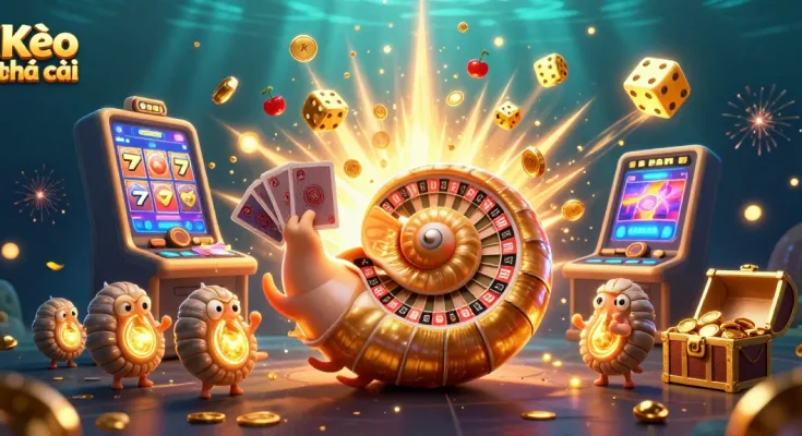 Experience Kèo nhà cái with a vibrant, dynamic scene featuring a giant nautilus as a roulette wheel and bursting slot machines.