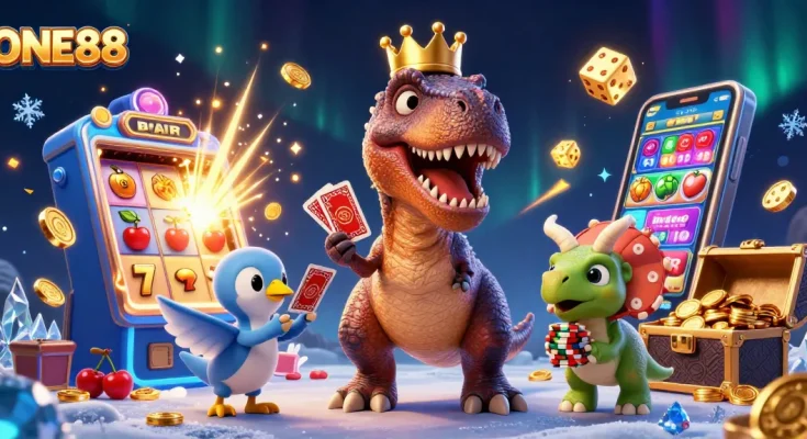 ONE88 offers a lively casino atmosphere with a T-Rex shuffling cards, exuding winning energy and fun.