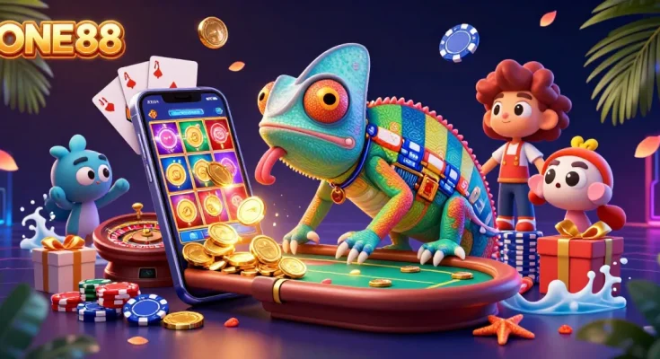ONE88 engages players in a vibrant casino scene with golden coins and dynamic gaming elements.