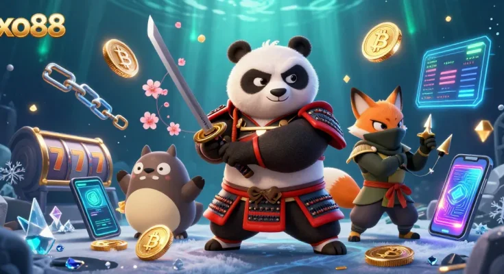 Engage in the excitement of xo88 with a vibrant 3D illustration showcasing slot reels and a samurai panda.