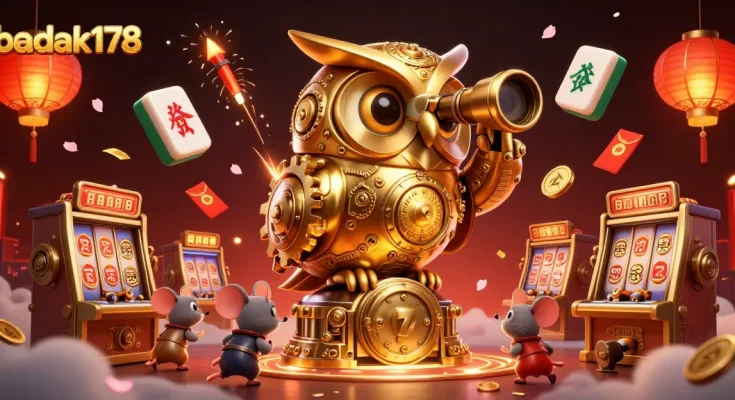 Engage with badak178's vibrant casino scene featuring golden owl, slot machines, and festive decorations.