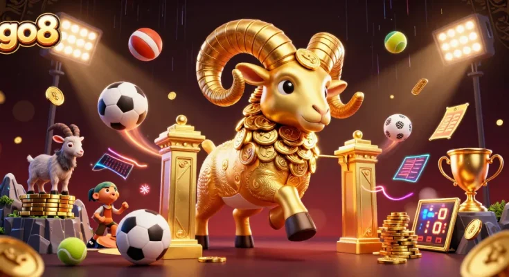 Experience the excitement of go8 with a golden ram charging through a dynamic casino scene filled with gaming elements.