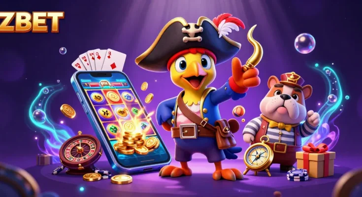 ZBET players immerse in dynamic casino action with pirate captain and companions, featuring colorful slot game elements.