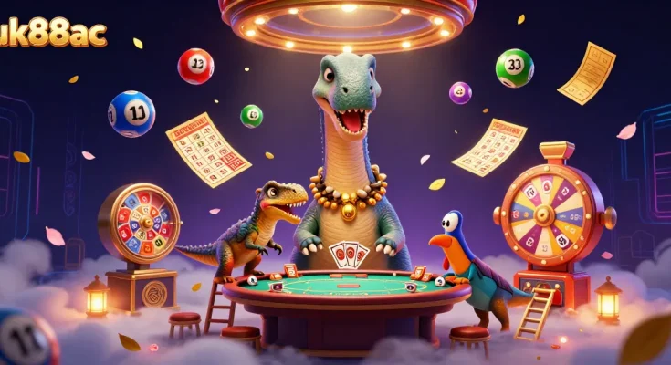uk88ac showcases a whimsical casino scene with a brontosaurus and raptor dealing poker.