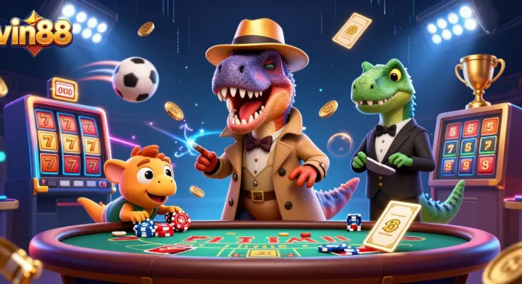 vin88 illustrates a card counter velociraptor at a blackjack table, engaging in a high-stakes game.