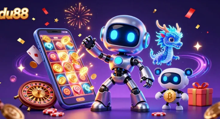 Experience thrilling gaming action at du88 with vibrant slot games, dynamic 3D characters, and festive atmosphere.