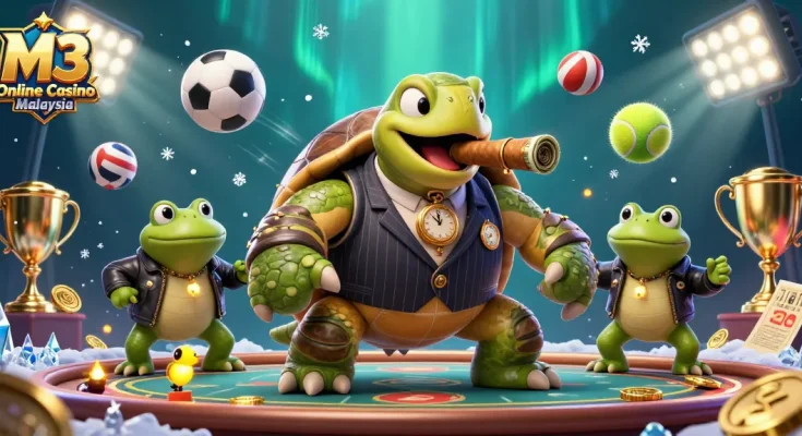 M3 Online Casino Malaysia showcased in a vibrant 3D casino scene with engaging characters and dynamic game elements.