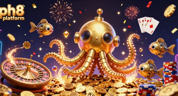 Engage with the ph8 platform in this dynamic 3D casino scene filled with golden kraken characters, explosive game elements, and vibrant casino visuals.