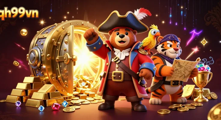 Engage in exciting gaming at qh99vn with vibrant 3D casino pirate illustration showcasing dynamic characters and treasures.