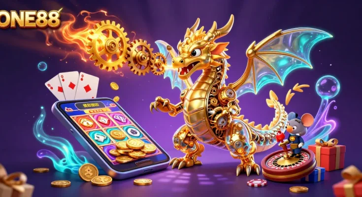 Engage in the thrilling world of ONE88 with a vibrant 3D casino scene featuring dynamic games and magical elements.