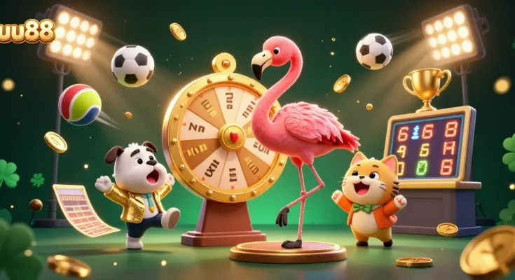 uu88 players enjoying a vibrant casino scene with a cartoon flamingo host and excited bulldog contestant.
