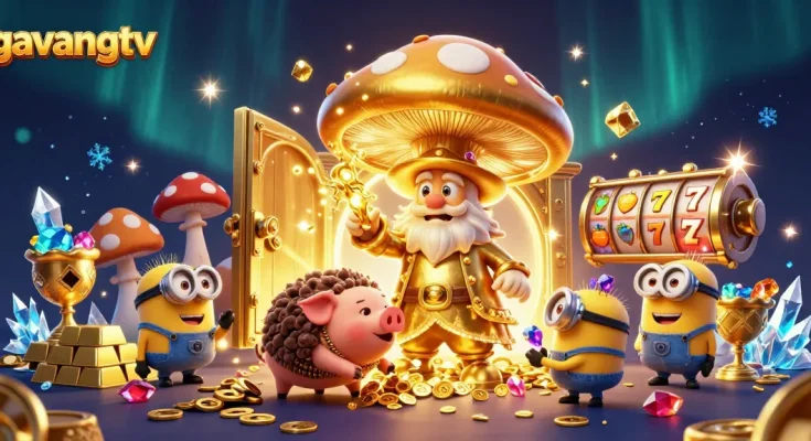Experience the magic of gavangtv as the golden mushroom wizard channels treasure in a vibrant casino scene.