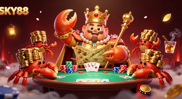 Experience excitement with SKY88's golden crab emperor ruling a vibrant casino scene filled with poker action.