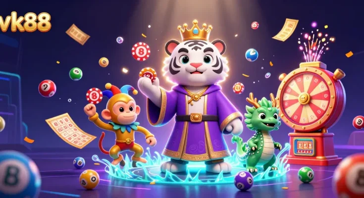 Engage with vk88 through a vivid scene of animated characters and casino elements showcasing vibrant gambling action.