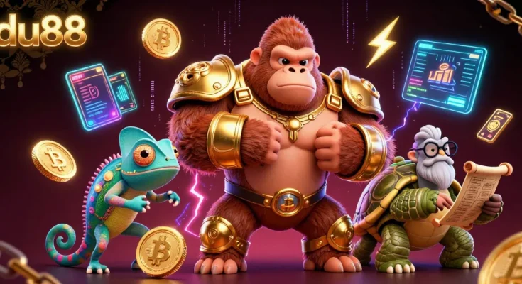 Experience the excitement of du88 with a vibrant 3D casino scene featuring iconic characters and crypto elements.