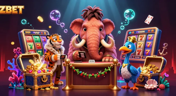 ZBET gaming scene with a woolly mammoth, saber-tooth tiger, and casino elements showcasing vibrant excitement.