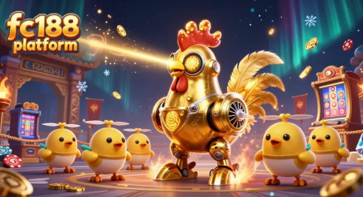 Engage in the exciting action of the fc188 platform with vibrant gambling elements like robots and gold coins.
