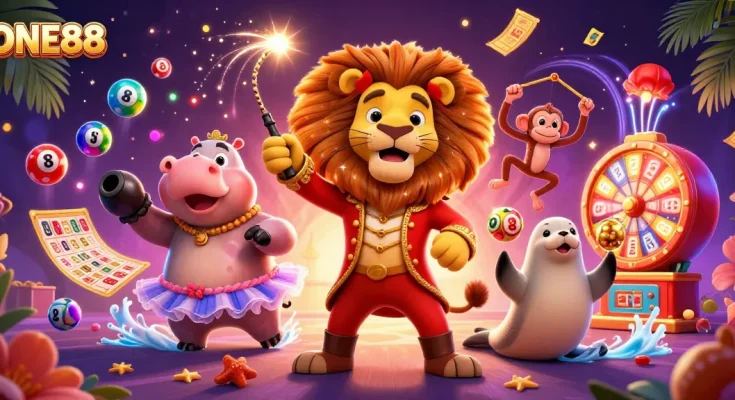 Engage with ONE88's casino excitement featuring vibrant lottery elements and colorful characters.