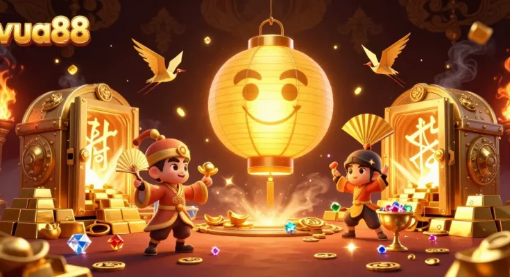 Engage with the magical world of vua88, featuring vibrant casino characters amidst treasure and glowing elements.