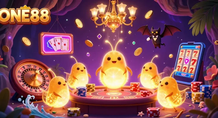 Engage in thrilling fun with ONE88 at a captivating casino illuminated by glowworms and a bat dealer.